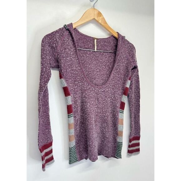 Free People Hooded Top Striped Sleeve Pullover Knit Sweater Purple XS Wool Blend - Picture 5 of 8